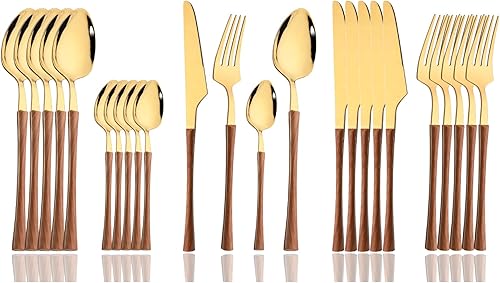 JASHII Juego de cubiertos de acero inoxidable con mango de madera de imitación, juego de cubiertos de cocina para 6 personas, mango de cintura