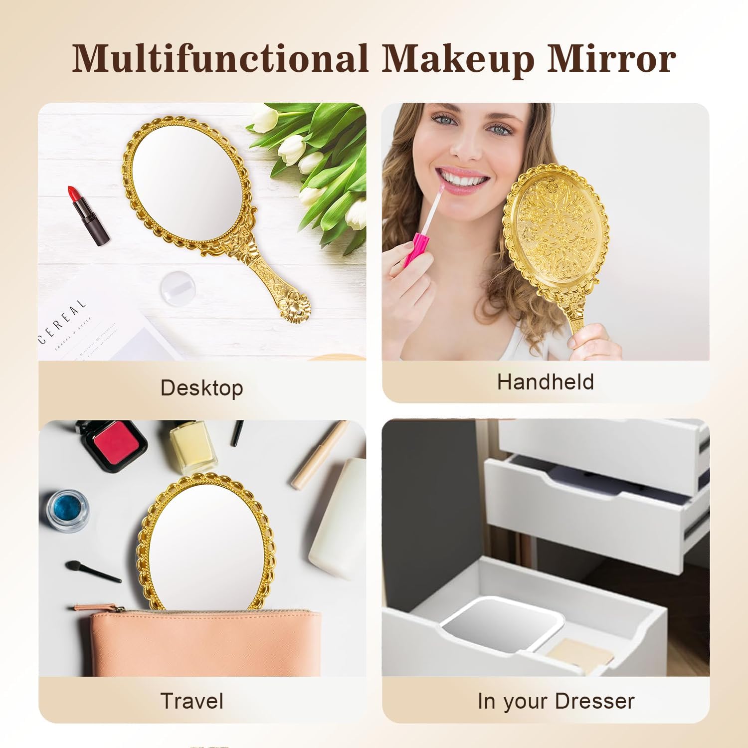 Vintage Handheld Mirror for Makeup -12 Pcs Travel Handle Mirrors for Women Gold Embossed Flower Portable Princess Mirror Tabletop Party Classroom