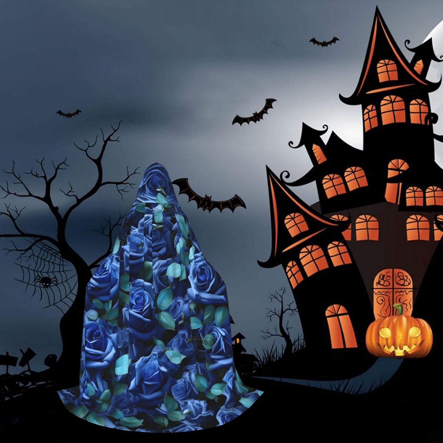 Many Blue Roses Print Renaissance Hooded Cloak Costume Clothes Halloween Medieval Costume Cape for Women Men