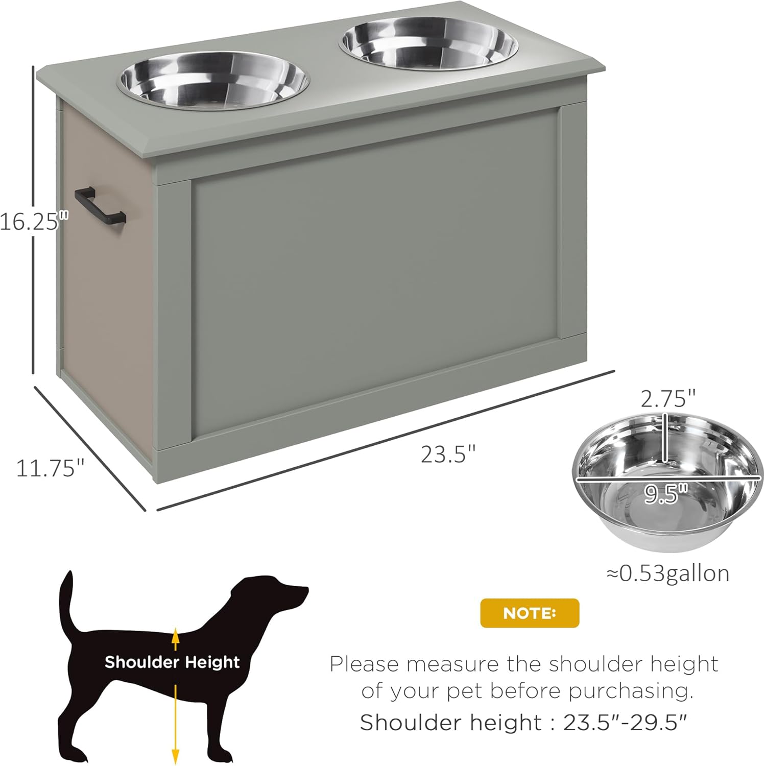 PawHut Raised Pet Feeding Storage Station with 2 Stainless Steel Bowls Base for Large Dogs and Other Large Pets, Gray