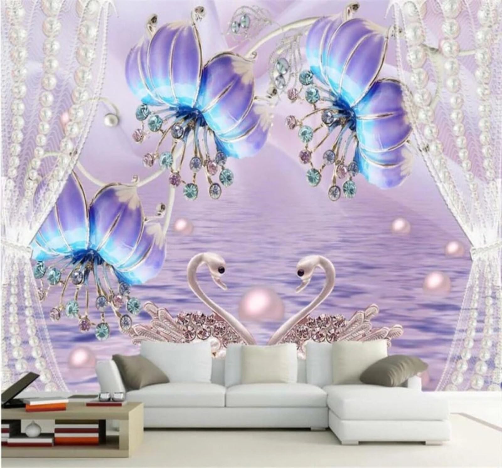 XLMING Luxury Diamonds Flowers Swans Jewellery 3D Wallpaper Luxury Home Dining Decor Paste Sofa Living Room The Wall for Bedroom Mural-250cm×170cm