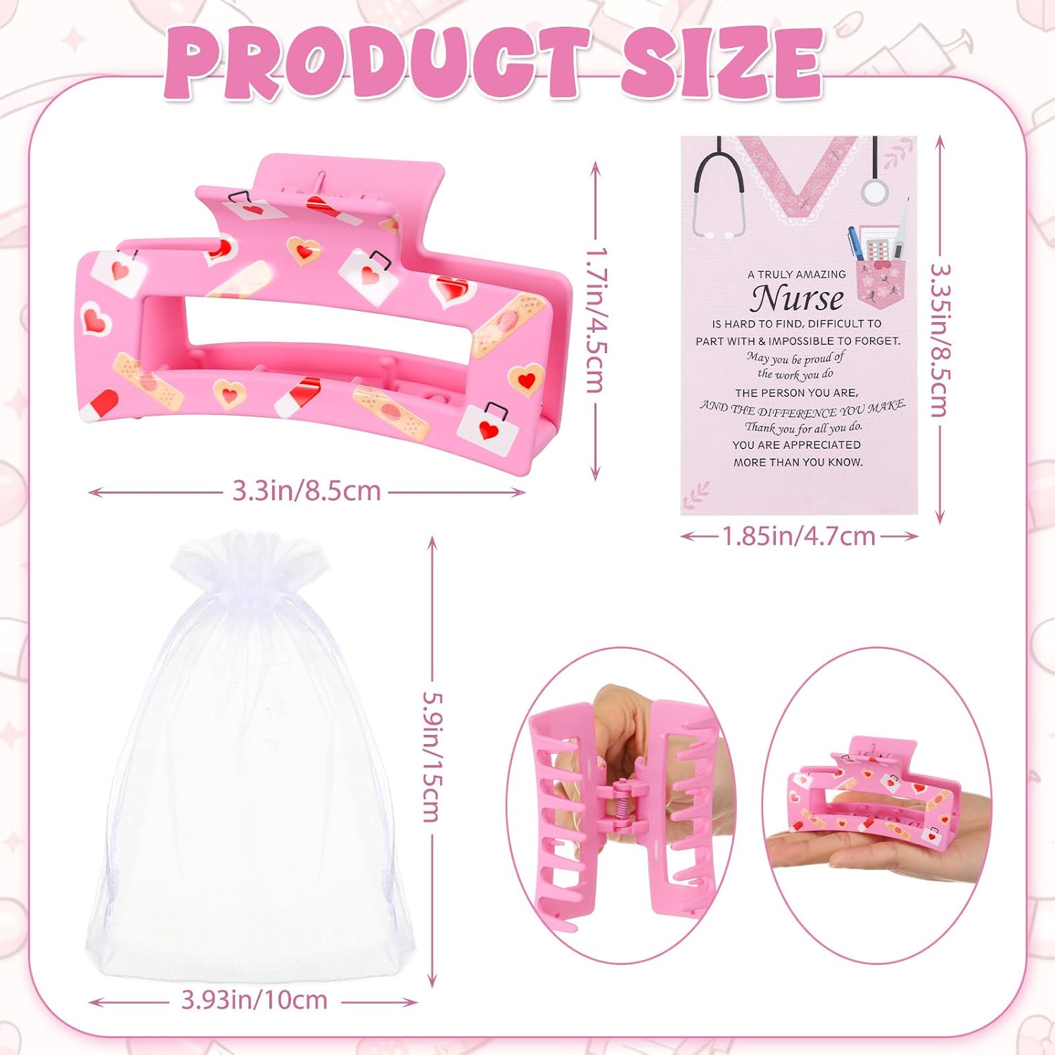 Sosation 12 Set Nurse Hair Claw Clips Gift for Women Girls Cute Nightingale International Nurses Day Gift Medical Heart Rectangle Nonslip Hair Clips with Cards and Bags for Nursing Student Doctors