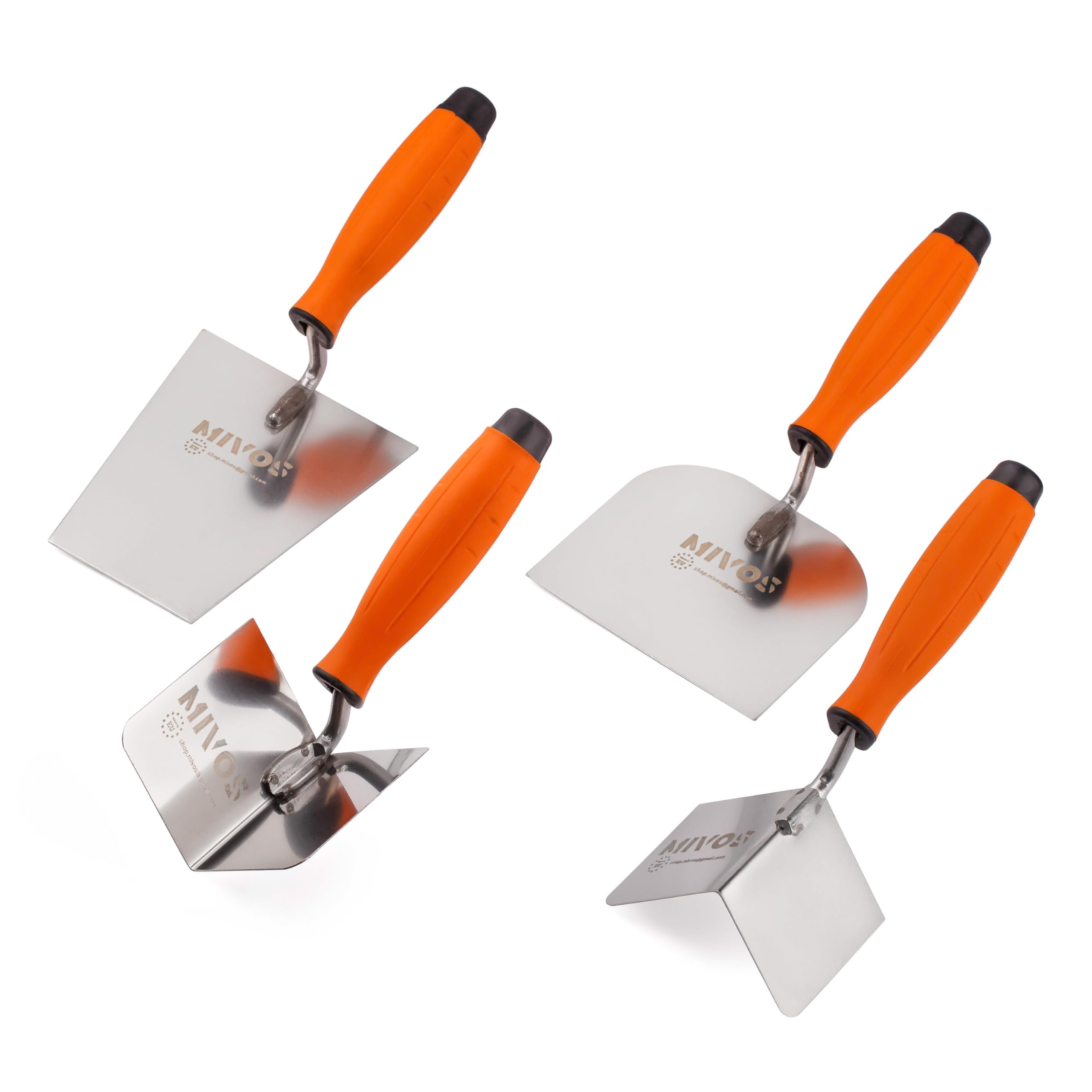 Mivos Juego de 4 paletas de acero inoxidable de 80 x 60 mm, 120 x 128 mm, paleta trapezoidal de 160 x 75 mm, juego de paletas de acero inoxidable, mango suave, fabricado en la UE