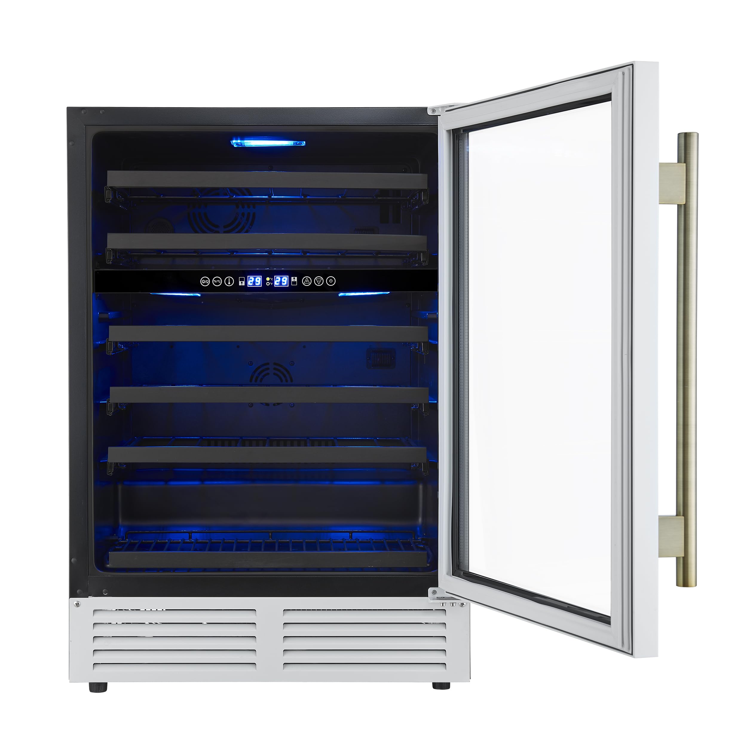 Forno Bacchino 24 Inch Wine Cooler with Antique Brass Handles, 51 Bottle Capacity Beverage Refrigerator with Triple Glass Door and LED Lighting, Built-In or Freestanding - White on Fridge.com