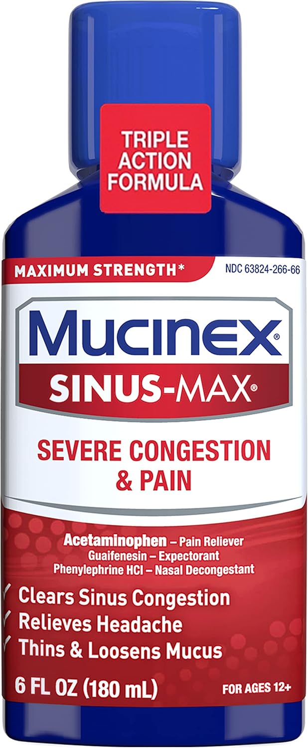 Severe Congestion & Pain Relief, Mucinex Sinus-Max Max Strength, 6oz Clears Sinus & Nasal Congestion, Relieves Headache & Fever, Thins & Loosens Mucus