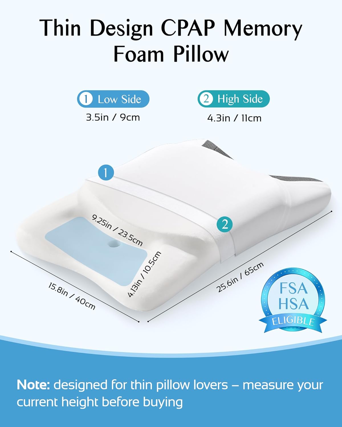 CPAP Pillow for Side Sleeping, HSA/FSA Sleep Apnea Pillow for All CPAP Masks Users to Reduce Air Leaks, Masks Pressure, Memory Foam with Cooling & Breathable Pillowcase for Side Back Sleeper