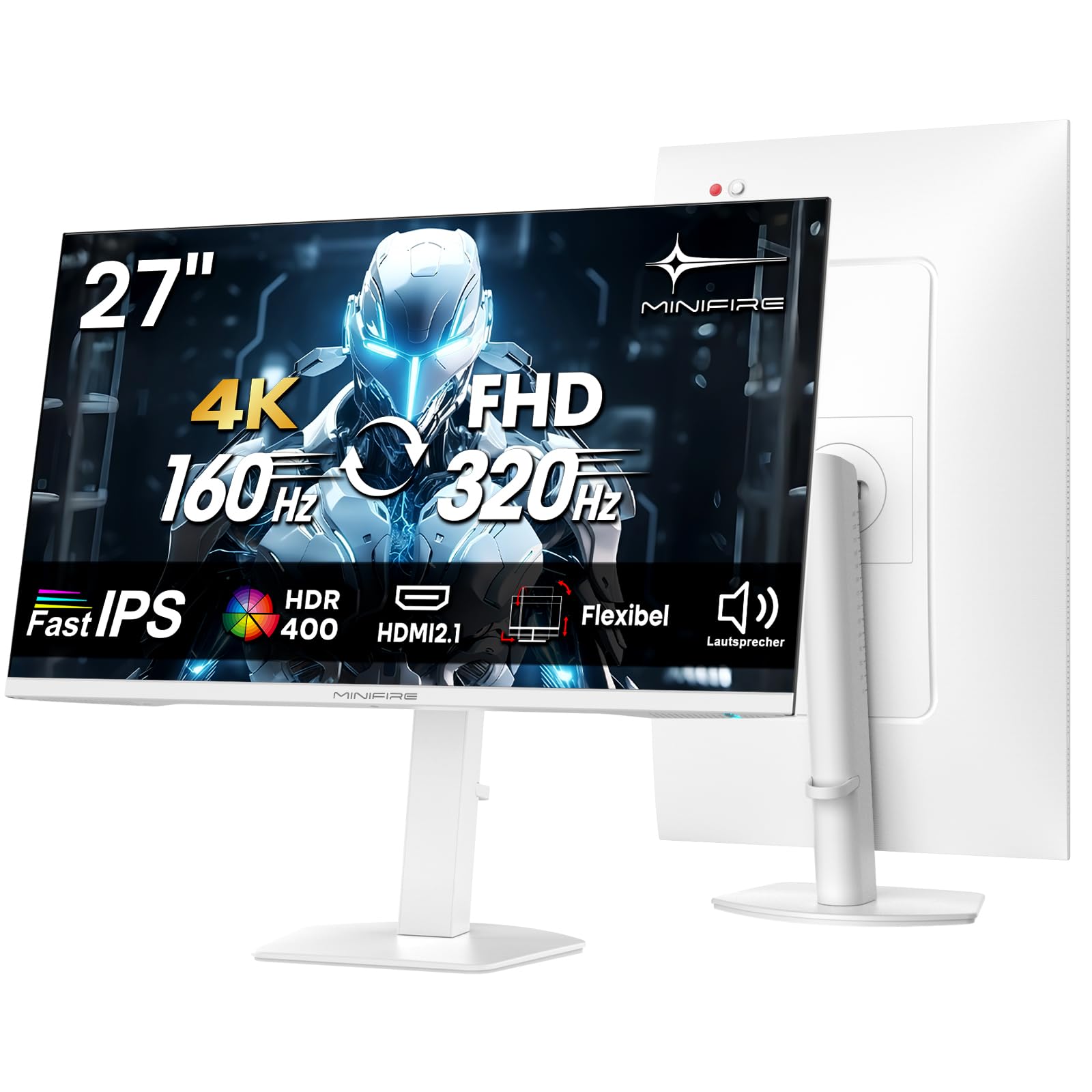 Minifire Monitor de juego 4K de 27": modo dual (UHD 160Hz / FHD 320Hz), 1ms, HDR 400, IPS, Adaptive Sync, Altura ajustable, HDMI 2.1, DP 1.4, altavoz, Pip/PBP (MFG27D1U)
