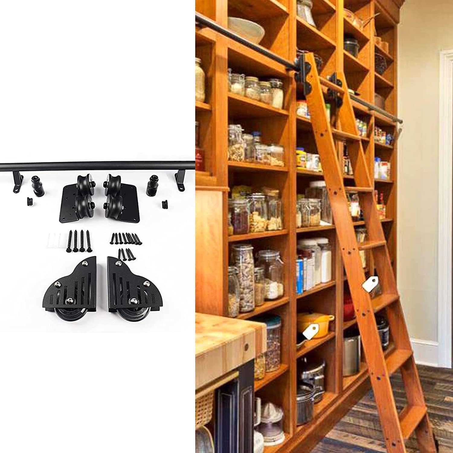 Rolling Ladder Hardware Library Sliding Ladder Hardware Kit 3.3ft-20ft Black Round Tube Mobile Ladder Track/Rail,with Floor Roller Wheels,6.6ft/200cm Track Kit