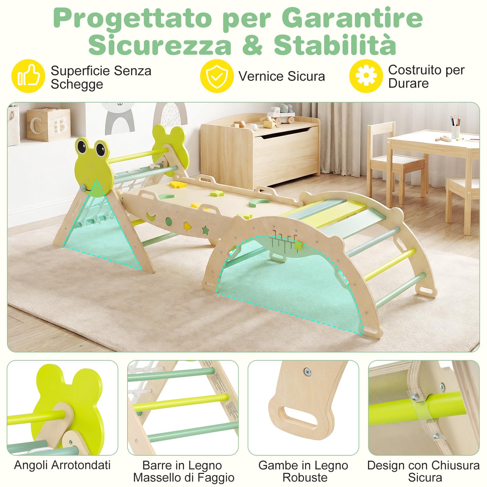 RELAX4LIFE Set da Arrampicata per Bambini, Triangolo di Arrampicata con Scivolo e Arco, Gioco di Incastri in Legno, Gioco Montessori per Bambini 1+ Anni (Rana con Rete-3 Pezzi | Verde)