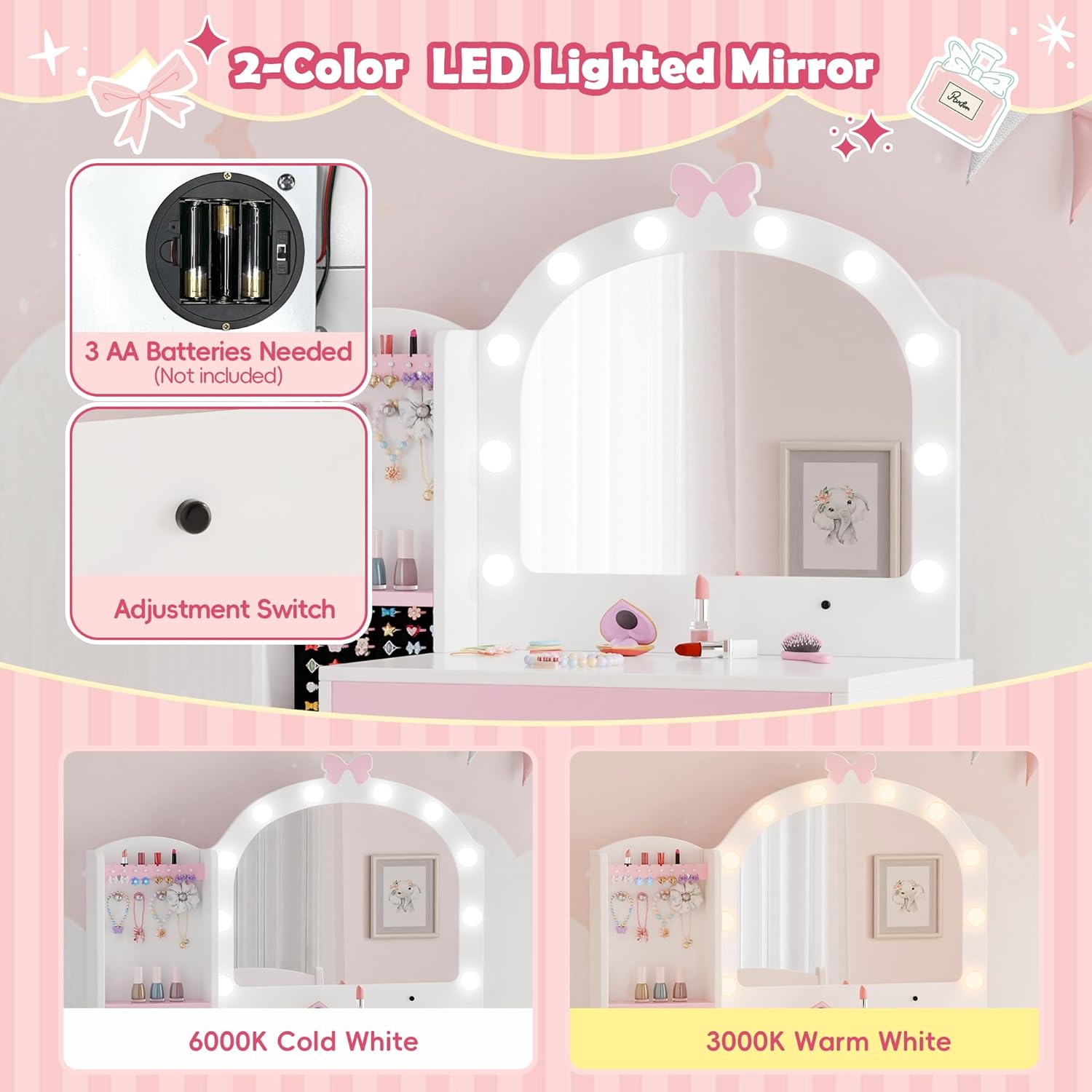 MU Kids Vanity, Girl Vanity Set with Mirror and Chair, 2 in 1 Toddler Makeup Vanity Table with Jewelry Storage, Wooden Princess Makeup Desk Dressing Table for Little Girls, White