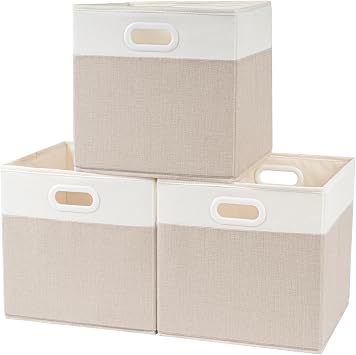 Fabric Cube Storage Boxes,28x28x28cm Foldable Storage Baskets for Toys Nursery ClosetLight beige/Cream White, Set of 3