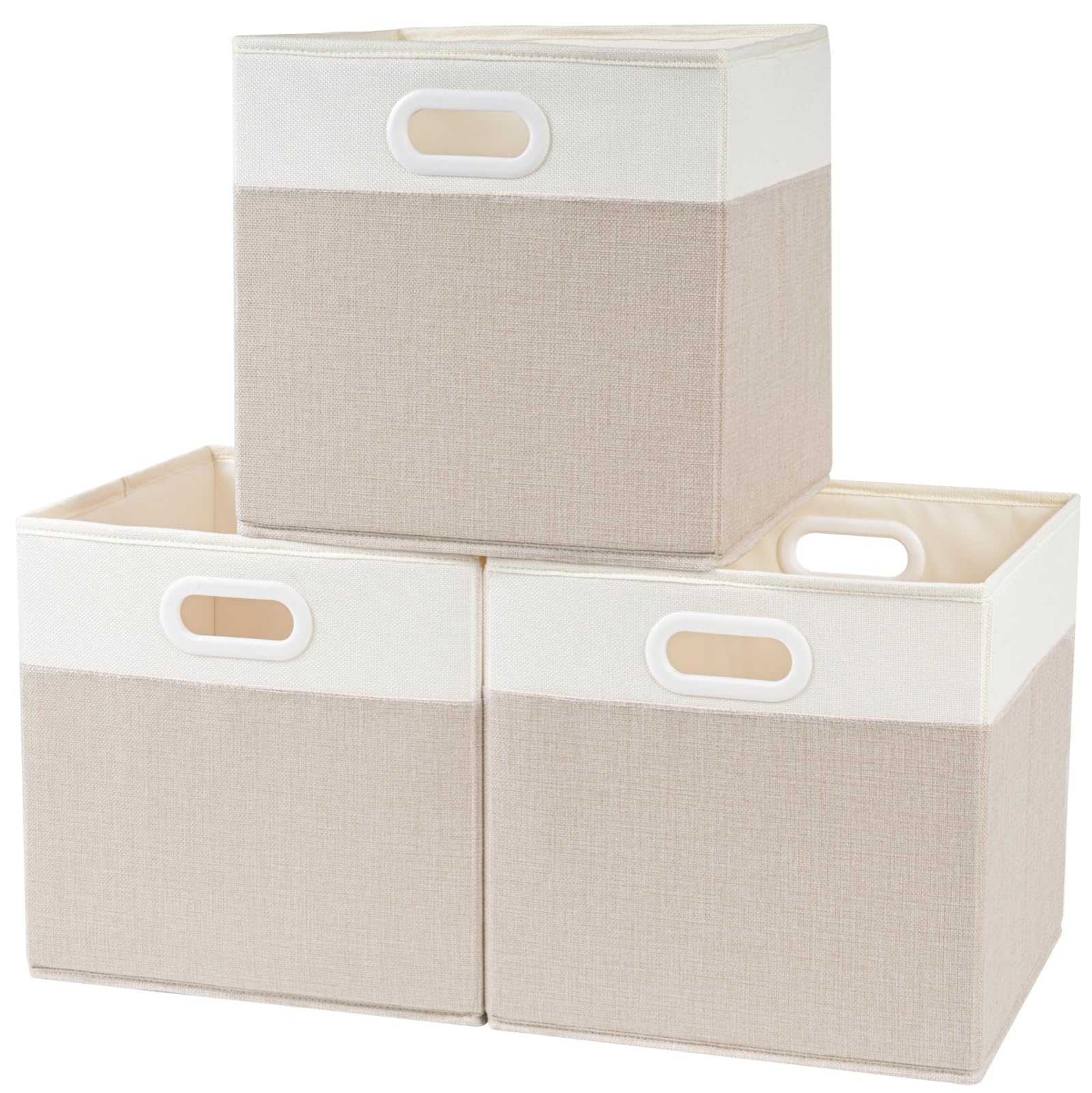 SOCOHOME Fabric Cube Storage Boxes,33x33x33cm Foldable Storage Baskets for Shelf Nursery Closet(Light beige/White, Set of 3) โ image 1