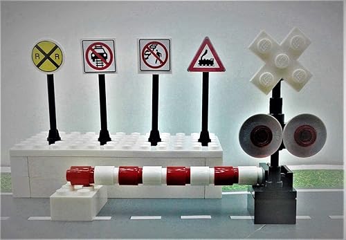 Miniatura 7 de Edificio Ladrillos Juguetes Tren Ferrocarril Cruzar Señal Cruzando Puerta 4 Señales Ciudad Ciudad Miniatura Ferrocarril Modelado Niños AFOL