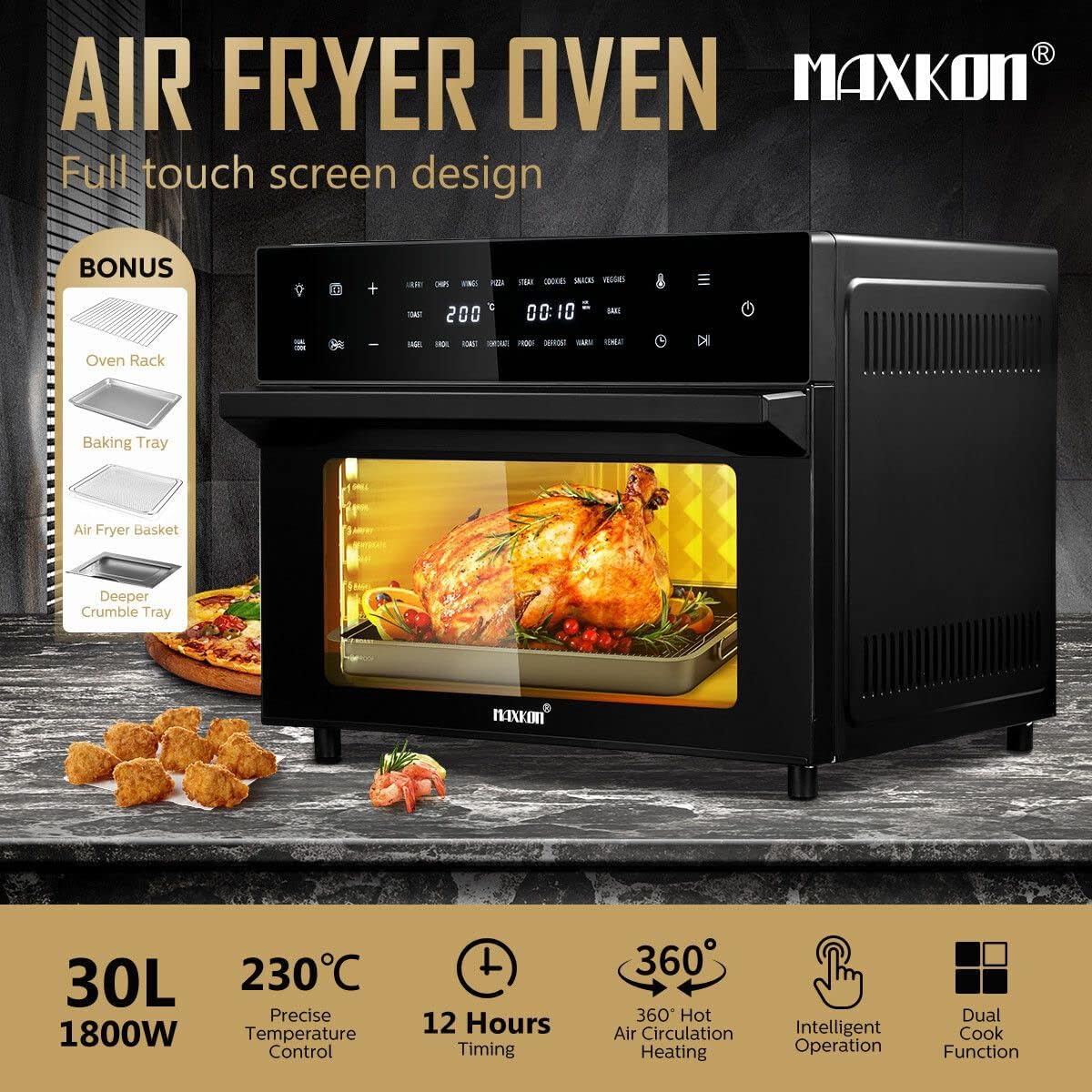 Maxkon Air Fryer Oven with included accessories: oven rack, baking tray, air fryer basket, and deeper crumb tray