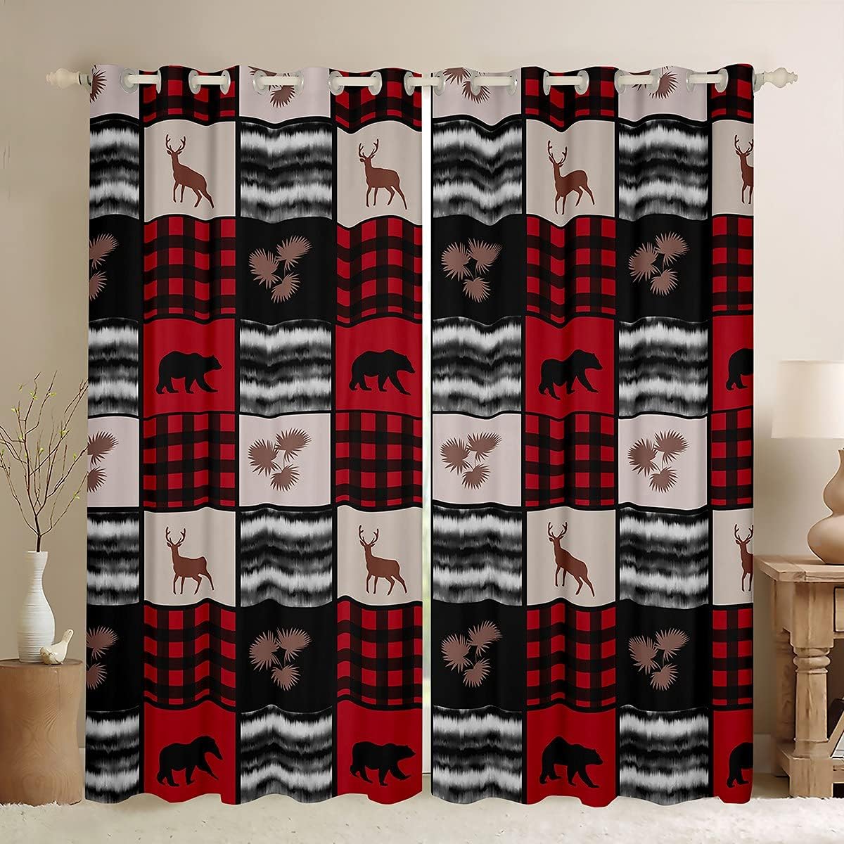 Rustic Brown Curtains for Bedroom 84Wx84L,Modern Farmhouse Cabin Lodge Style Windows Drapes,Patchwork of Wildlife Grommet Window Treatment Room Decoration,2 Panels