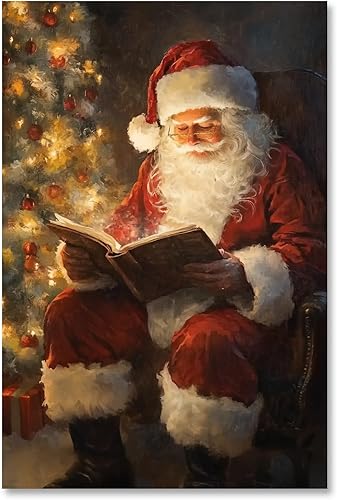 Miniatura 1 de Póster vintage de libro de lectura de Papá Noel, lienzo de Navidad, arte de pared, pintura al óleo de invierno, clásico, árbol de Navidad, academia,