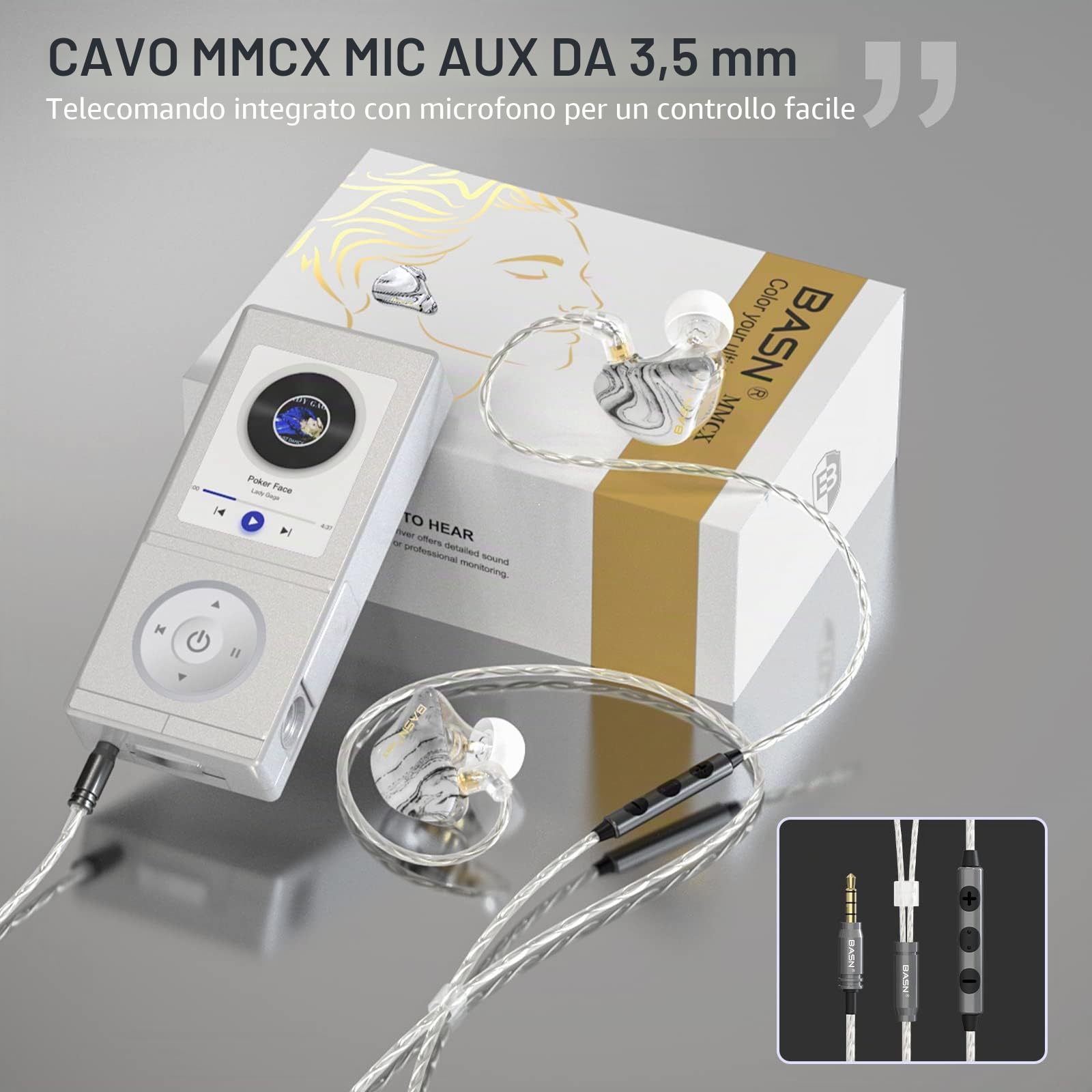 BASN MMCX - Auricolari in-ear a triplo driver con bassi ricchi, HiFi Stereo IEM con cavi staccabili aggiornati per audiofili musicisti (bianco porcellana)
