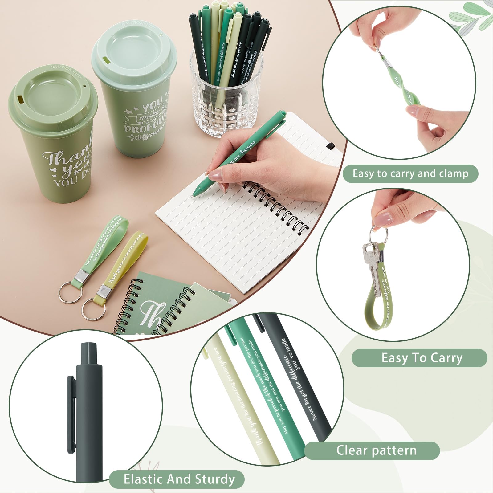 Skylety Set di 12 tazze da caffè da 48 pezzi, con scritta "Thank You", con penna e portachiavi, per personale, insegnanti, colleghi, amici (sfumatura verde)