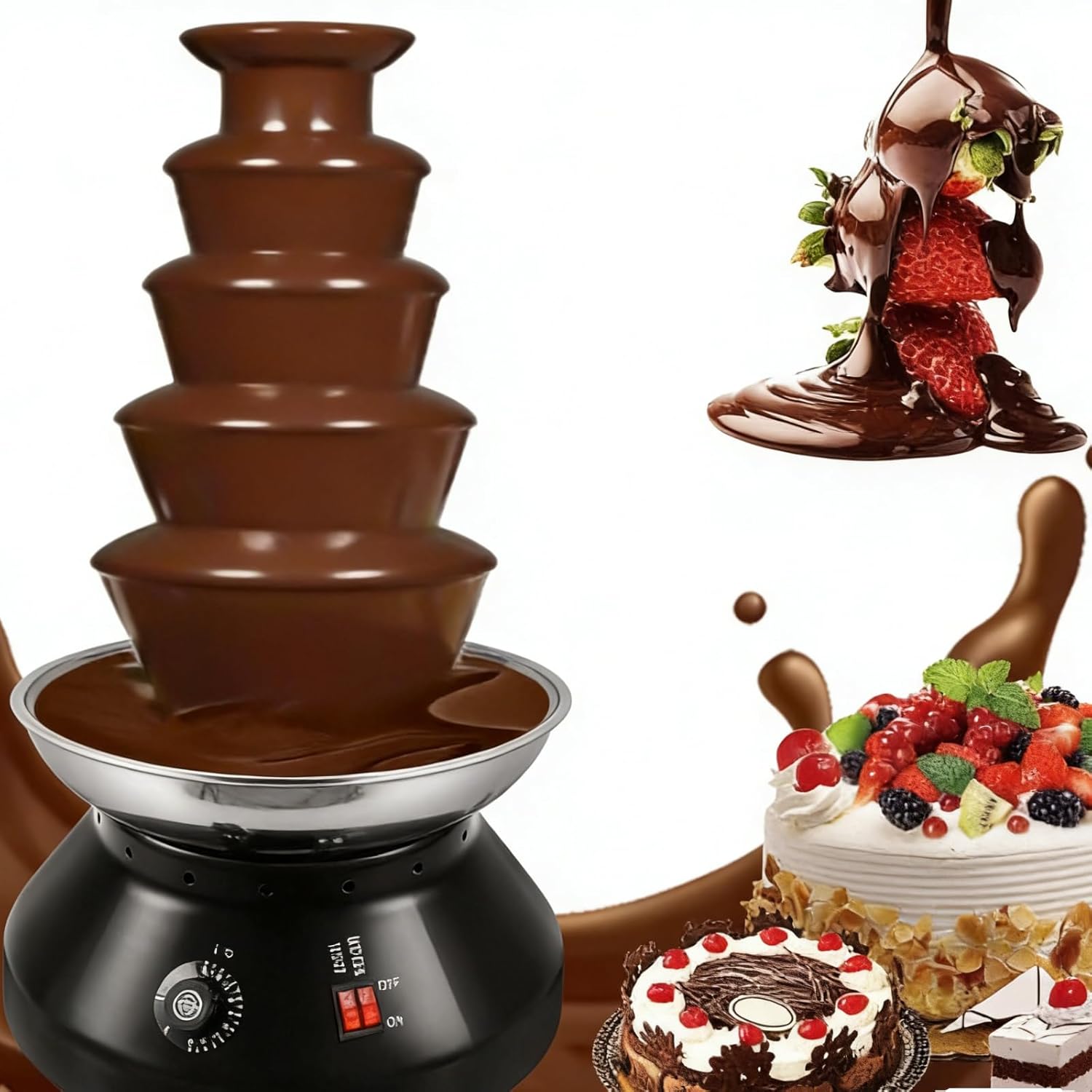Chocolate Fondue Fountain 5 Tiers Digital Stainless Steel Electric Cheese Fountain Chocolate Dipping Warmer Chocolate Melting Heating Machine Hot Chocolate Fondue Tower (Black-5 Tiers)