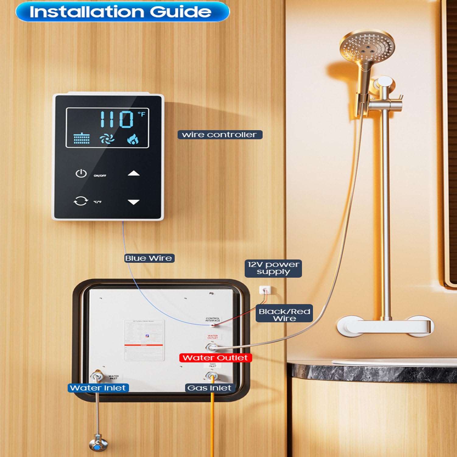 12 V DC Wohnmobil-Warmwasserbereiter, Propan, Durchlauferhitzer mit Fernbedienung, passend für 15 x 15 Zoll große Türen, 55.000 BTU On-Demand-Warmwasserbereiter Black
