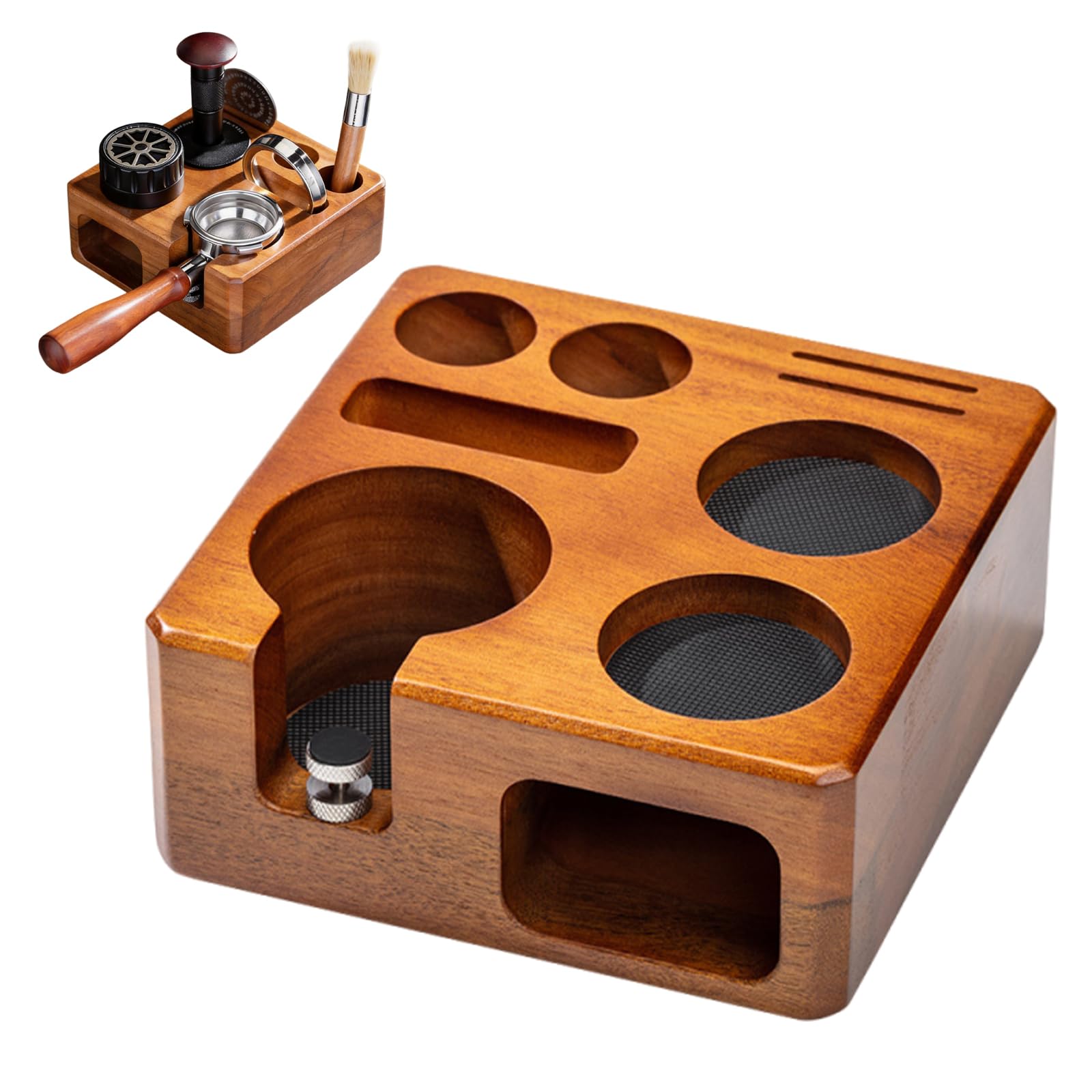 Estación de Tamping 58mm, Base para Prensar Café con Almacenamiento | Soporte Portafiltro Antideslizante para Barista, Accesorios Espresso con Organizador de Herramientas