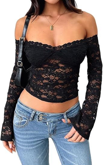 LOFAAC Women Off Shoulder Floral Lace Going Out Crop Tops Sexy Slim Long Sleeve See Through Backless Crop Blouse Shirts