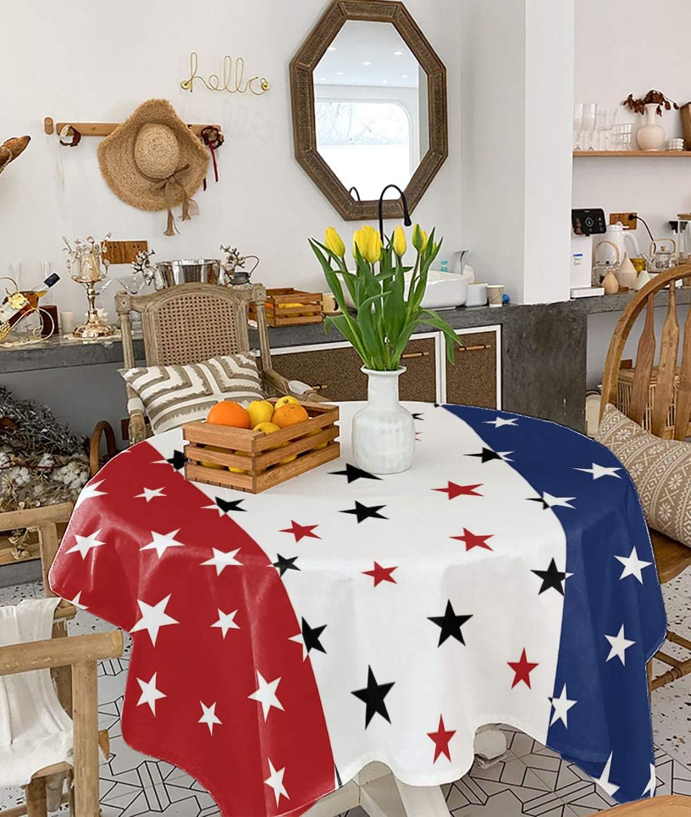 Vandarllin July 4th Tablecloths Red White Blue Waterproof Polyester Table Covers Decor for Square/Round Table,Home Dining,Outdoor,Party,Oil Proof,60"x60" Independence Day Americana Stars