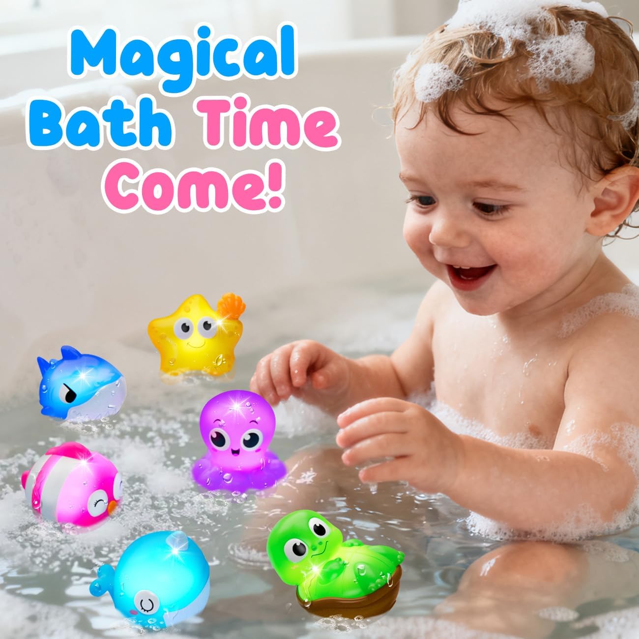 Light Up Bath Toys for Toddlers, 6 Pack Water Activated Bath Toys for Kids 1-3, Baby No Hole Bathtub Toys, Floating Pool Toys for 1 2 3 Year Old Girl & Boy Gifts