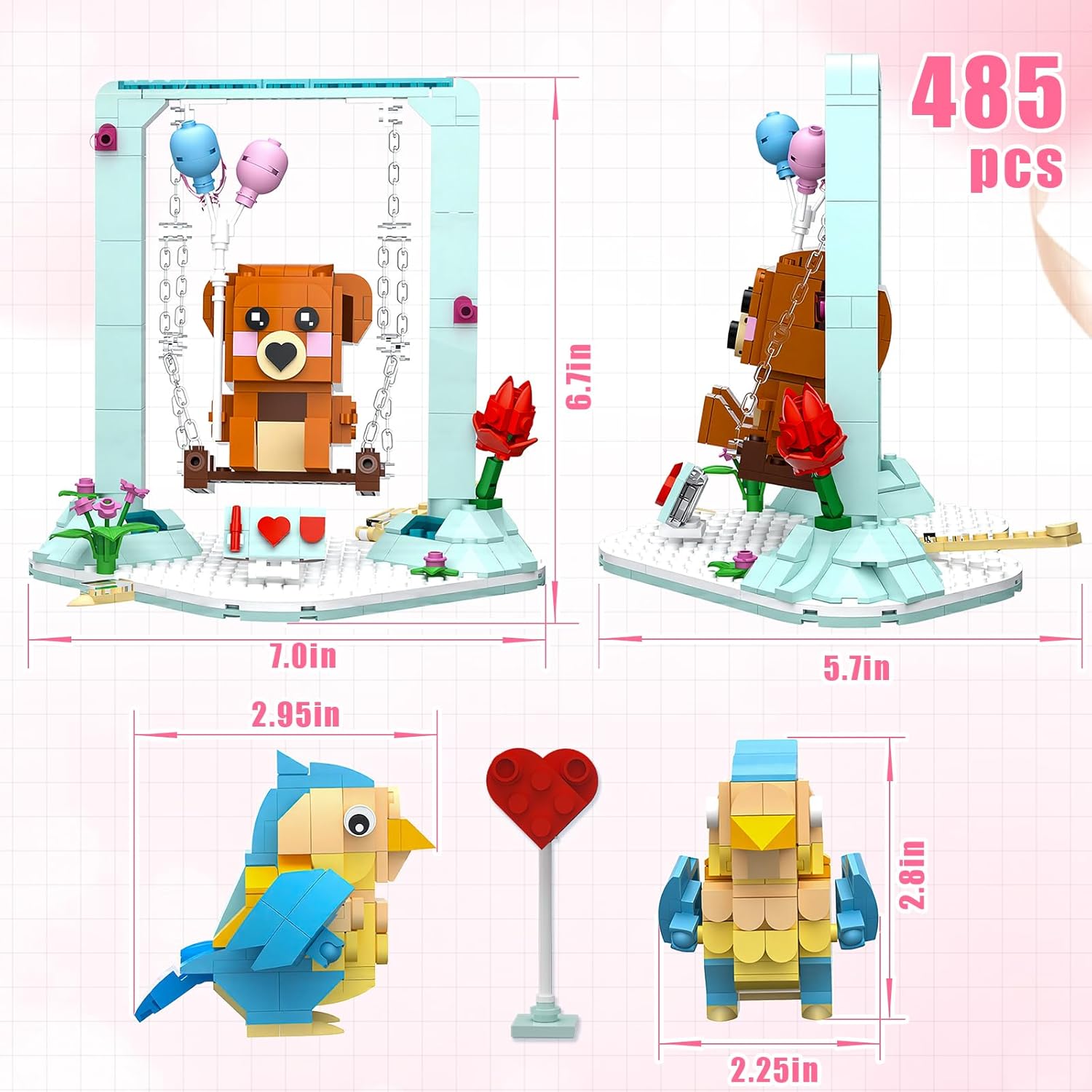 Nubee Valentine Love Birds Brown Bear Building Sets, Lovebirds Swings Bear Flower Heart Arrow I Love U Board, Valentine Gifts for Her, Kids Classroom.(485PCS)