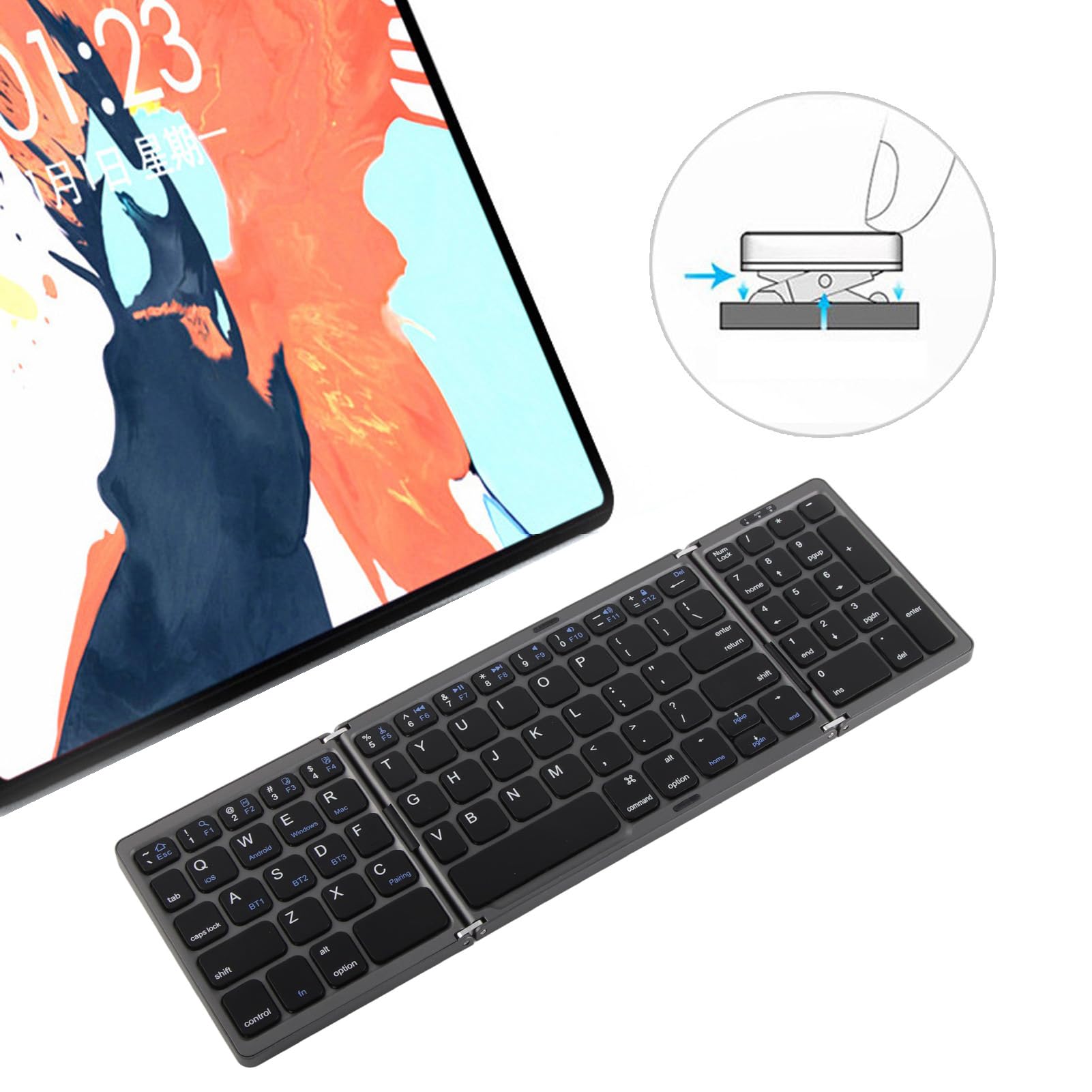Tastiera Bluetooth Pieghevole, Tastiera Wireless 3 Pieghe Mini Tastiera Pieghevole Portatile, Tastiera Tascabile Ultra Sottile Ricaricabile per OSX per Android per (Grigio scuro)