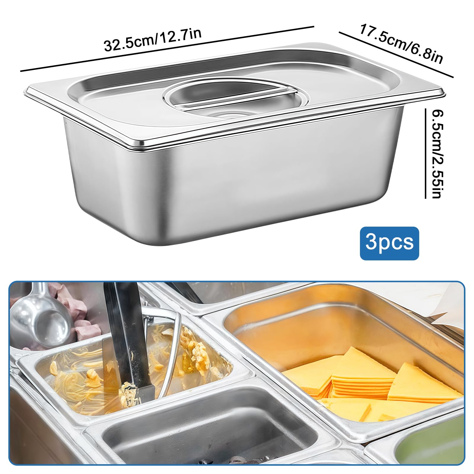 Bordeag Lot De 3 Bac De Cuisson En Inox 1/3 Bac Inox 32,5x17,5x6,5cm Plat Rectangulaire Ensemble De Récipients En Acier Inoxydable Bols À Paner Avec Couvercle Récipient Gastronorme Pour Nourriture