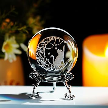 ZEERSHEE Cat Crystal Ball Paperweight with Stand 3D Glass Laser Cat on The Moon 60mm Glass Spheres Decorative Balls Fifurine Unique Cats Gifts for Women
