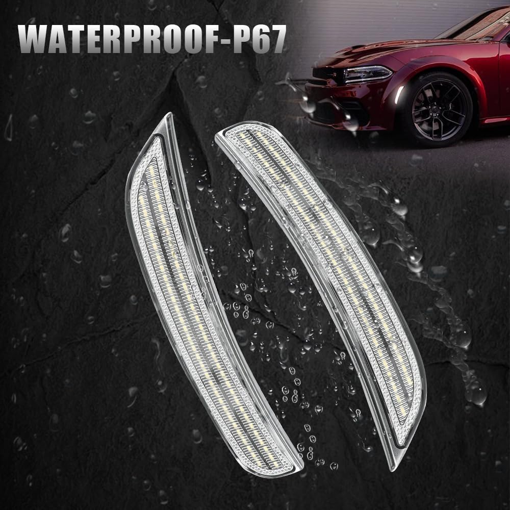 ROCCS 4PCS LED White Side Marker Lights Compatible with Dodge Charger SRT Hellcat Scat Pack 2015-2023 Front Rear Bumper Turn Signal Light,OEM part number 68214405AA/68214404AA/68214127AA,Clear Lens