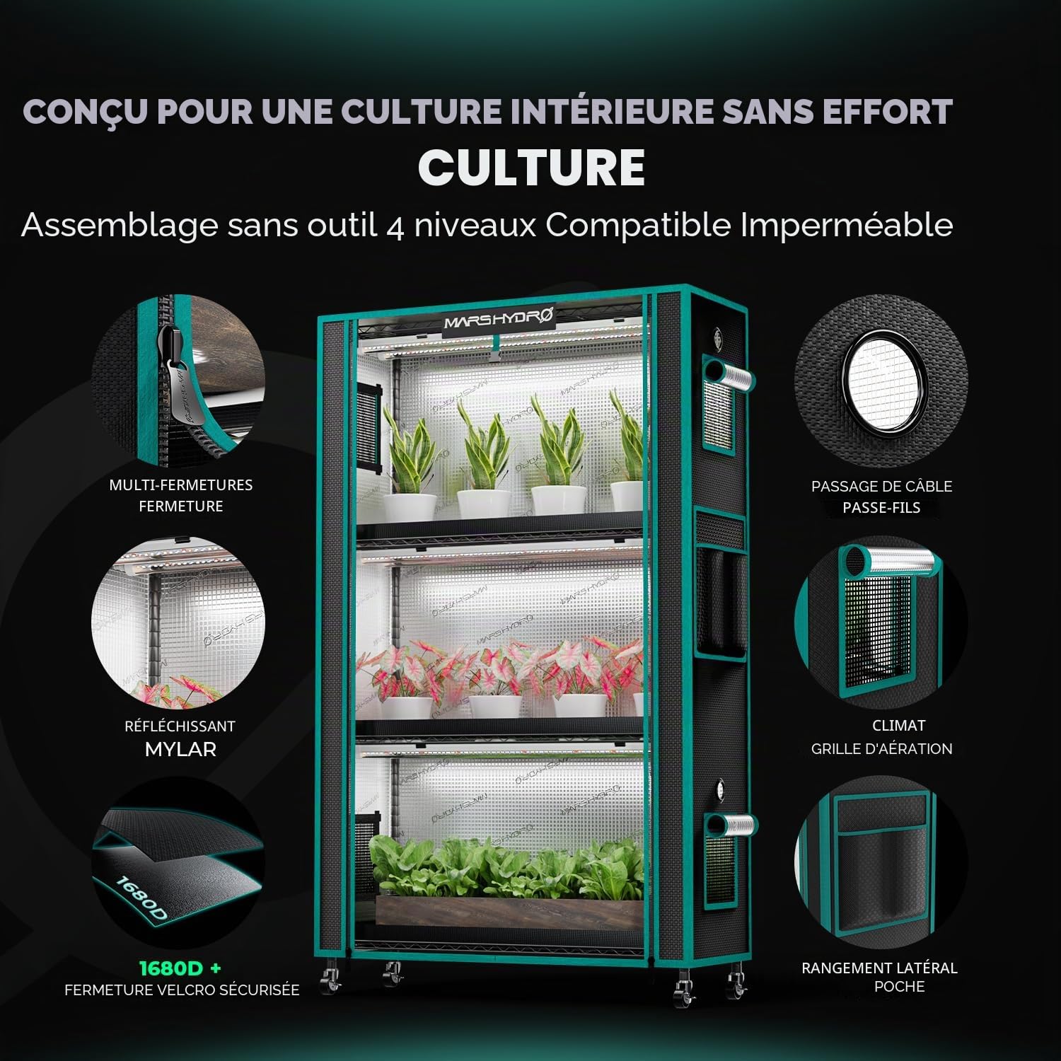 MARS HYDRO 2025 Support pour plantes avec lumières de culture, étagère pour plantes à 4 niveaux avec 6 lampes LED à spectre complet (150 W, 3 pieds) et tente de culture pour légumes, semis