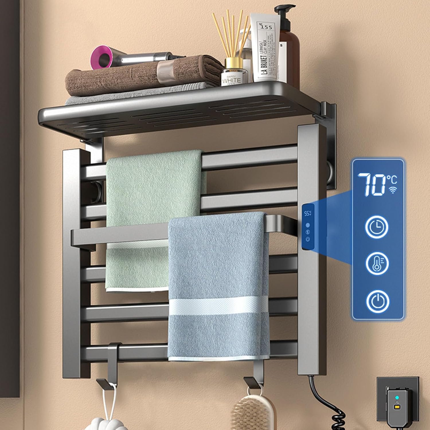 Heated Towel Rail, 100W Towel Warmer Digital Display Radiator Towel Rail Wall Mounted Electric Towel Rail Timer 1-9H, 6-Bar Bathroom Radiators 50 * 45 * 22cm Electric Towel Radiator