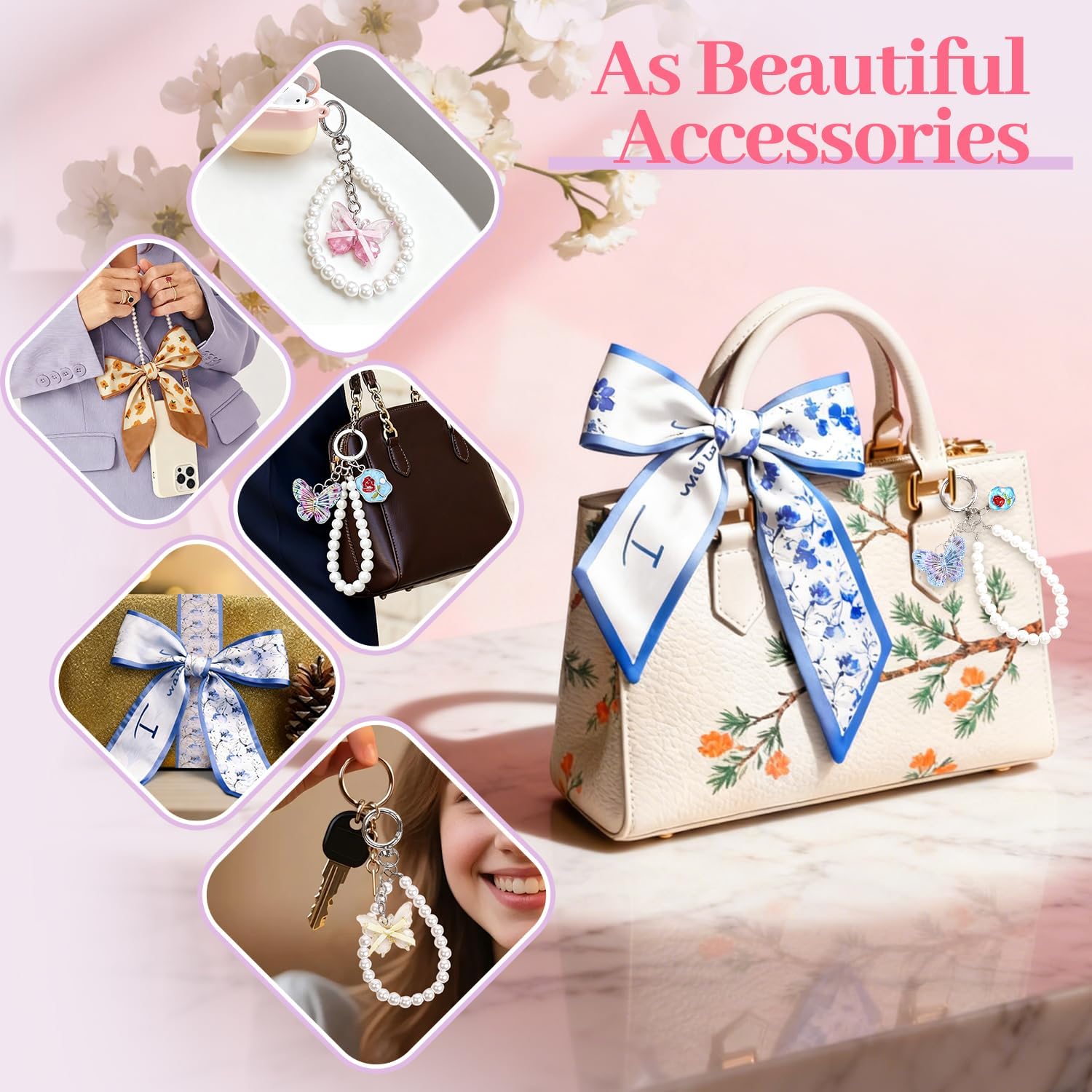 24 Pcs Purse Scarf for Handbags with Bag Charms, Bags Hair Neck Head Scarf for Women, Bag Accessories Charms for Purse Decorations, Cute Bow Pearl Keychain - Image 3
