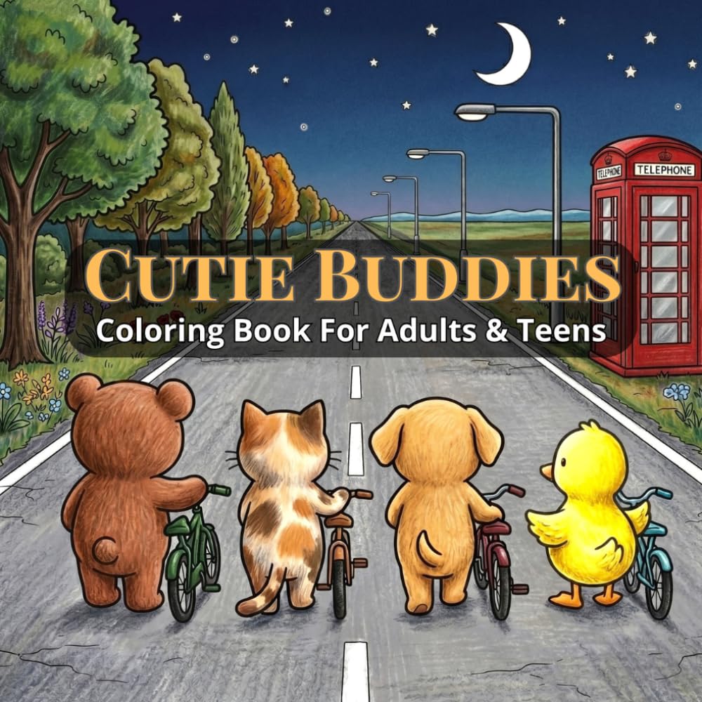 Cutie Buddies: Coloring Book For Adults & Teens Featuring Cozy Adorable Everyday Moments Of Animal Characters For Stress Relief and Relaxation