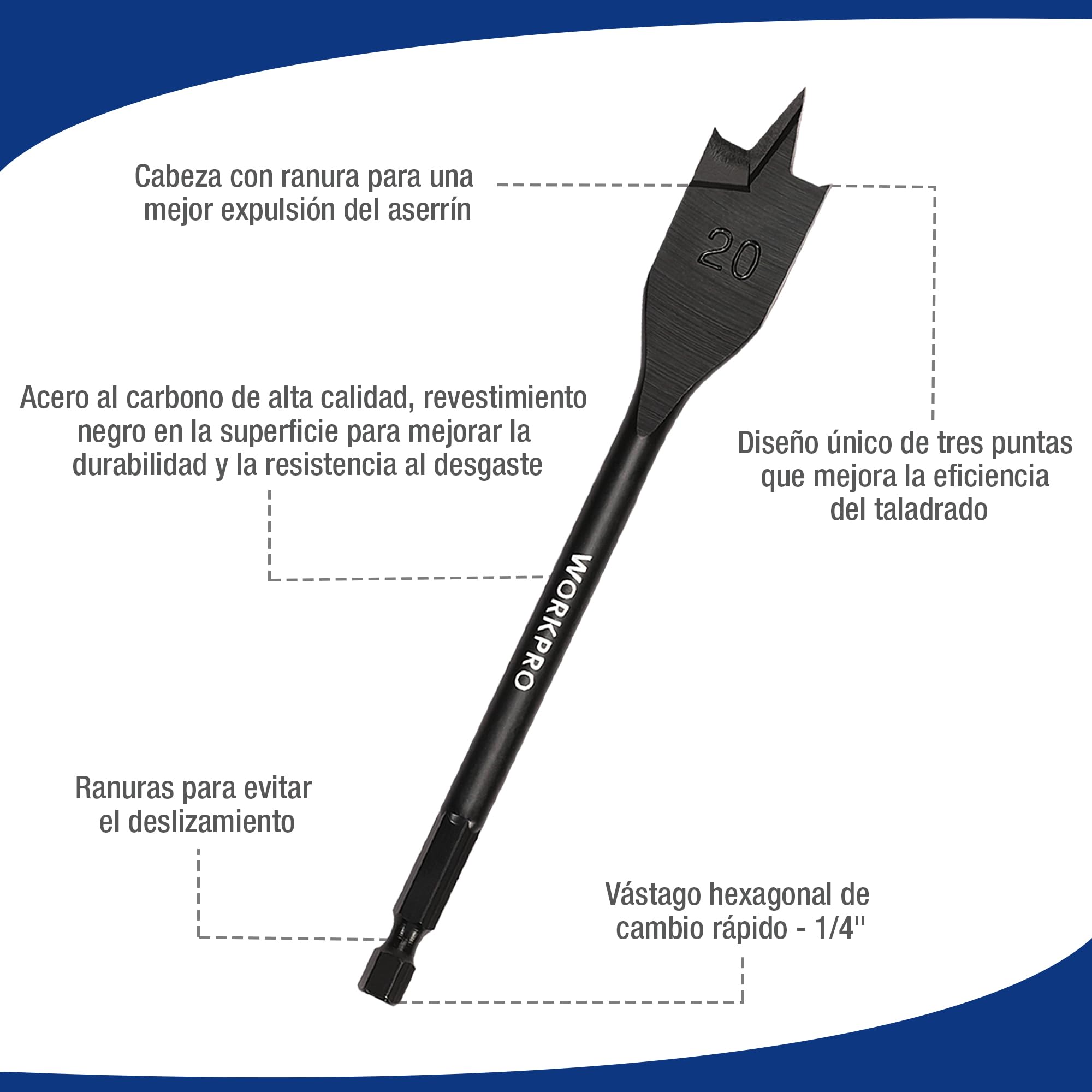WORKPRO - Juego de 8 brocas de madera planas para madera, varilla hexagonal de cambio rápido de 6,35 mm, 12 mm/16 mm/18 mm/20 mm/22 mm/25 mm/28 mm/32 mm, estuche de almacenamiento