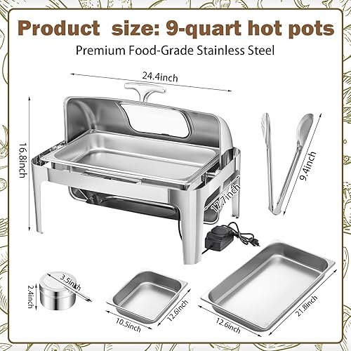 Miniatura 4 de Hushee 1 juego de bufé de 9 cuartos de galón, servidor y calentadores eléctricos de combustible, plato de catering de acero inoxidable con bandejas