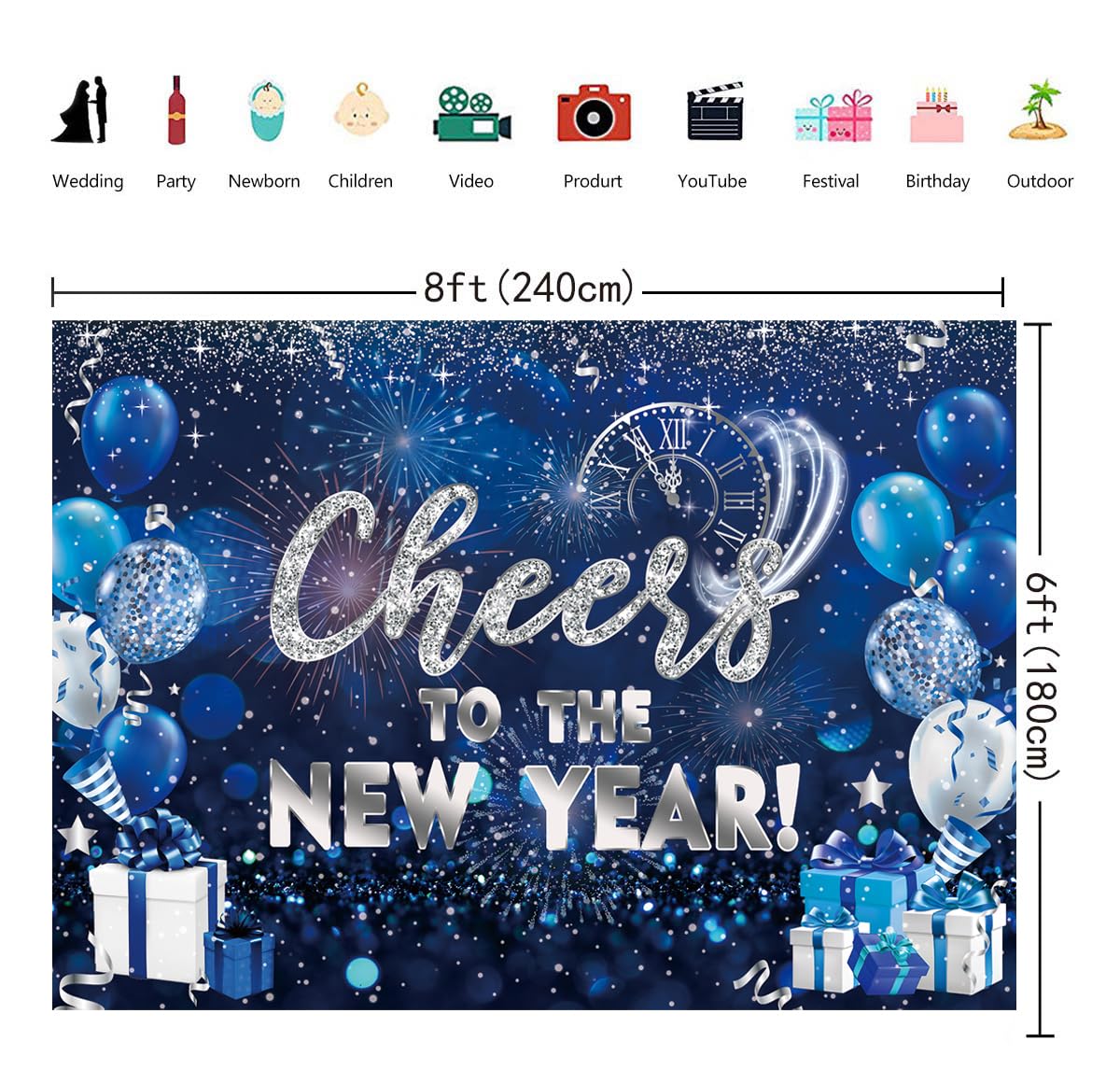 Toile de fond « Happy New Year » - 2,4 x 1,8 m - Décorations du Nouvel An 2025 - Bleu Cheers to The New Year - Bannière de fond pour Nye Decorations 2025 - Fournitures de fête du Nouvel An