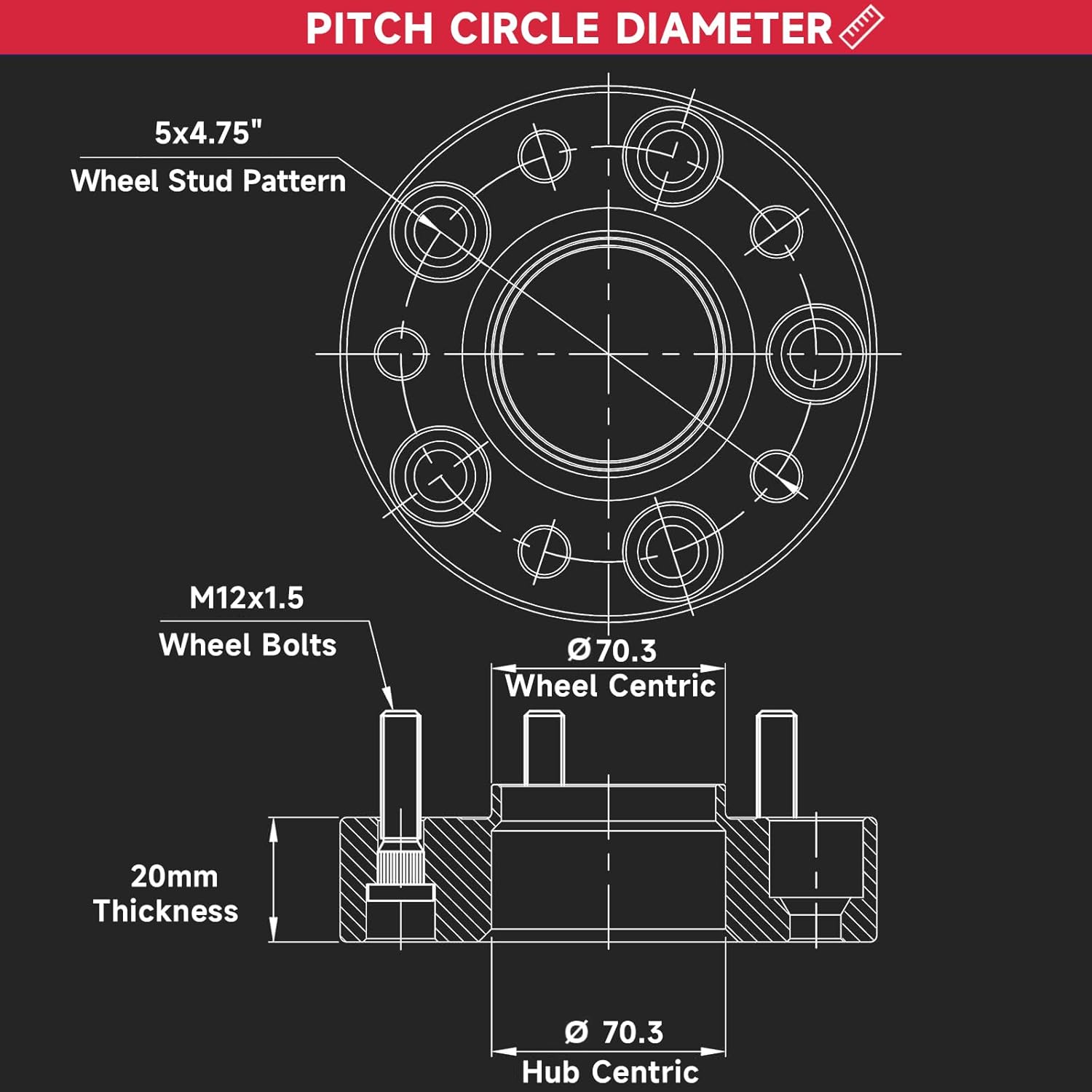 UIU 5X4.75 Wheel Spacers Forged 0.78"(20mm) 5x120.65mm to 5x120.65mm Thread Pitch M12x1.5 Hub Bore 70.3mm Set of 2 Adapters for Chevy S10 4.3L 1988-2004,S10 2.2L 1983-1985 1994-2003 & More - Image 3