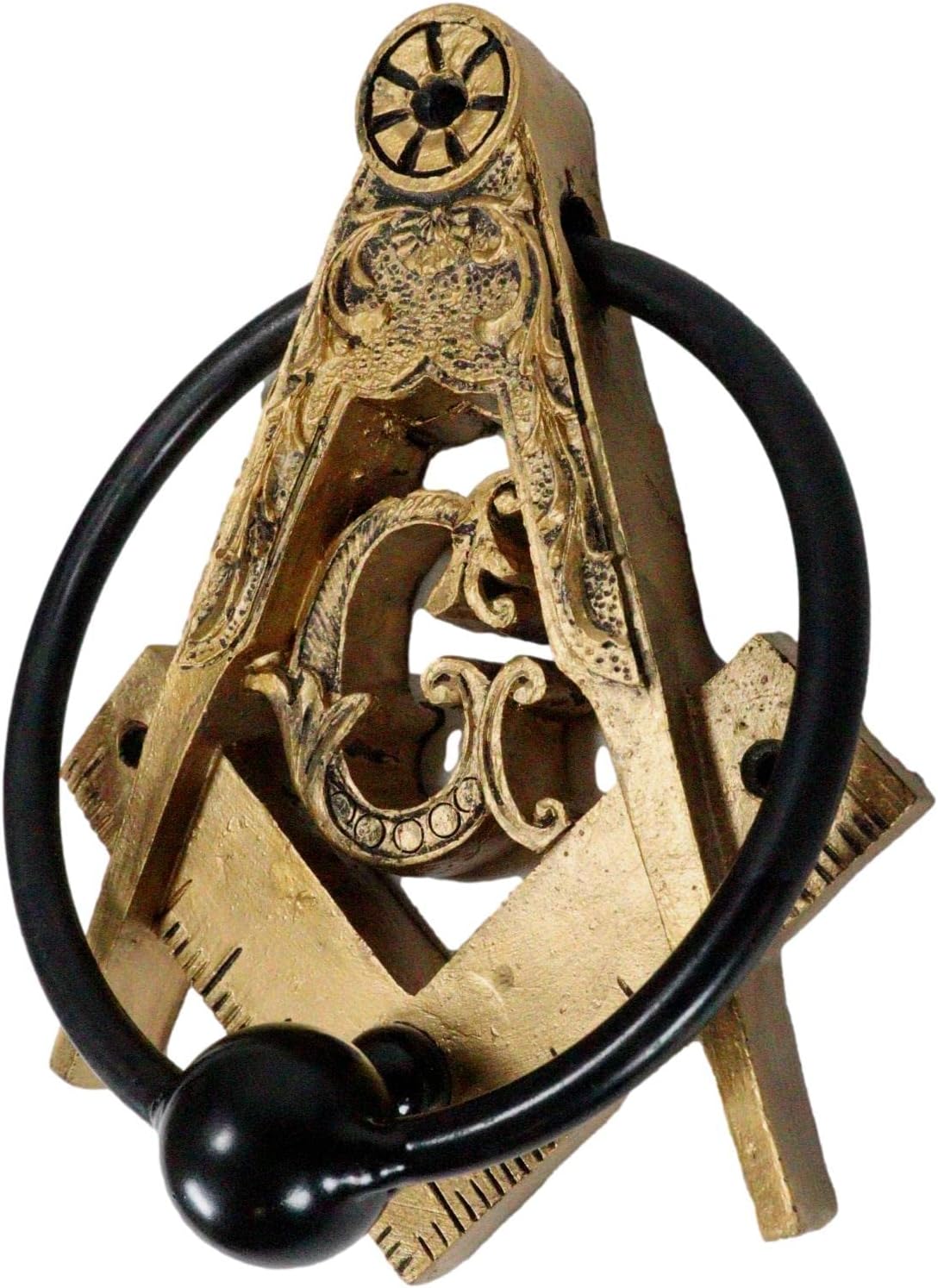 Ebros Gift Antiqued Faux Gold Freemasons Freemasonry Masonic Square and Compasses Monogram Decorative Door Knocker with Scroll Art Crafted Resin with Metal Ring Hardware