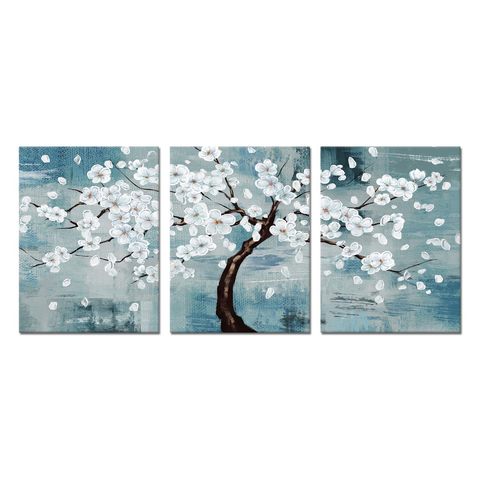 Visual Art Decor 3 Panels Flowers Painting Printed on Canvas White Plum Blossom Tree Picture Rustic Blue Grey Background Abstract Artwork for Modern Home Living Room Bedroom Bathroom Wall Decoration