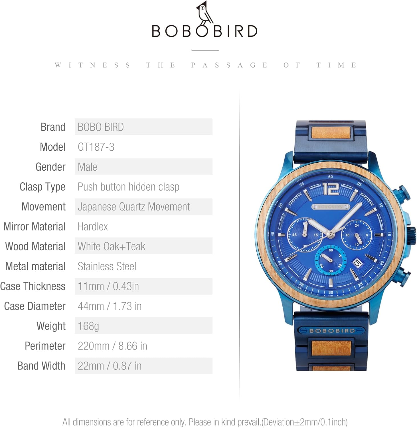 BOBO BIRD GT187 Series | Men's Wooden Chronograph Watch | Japanese Quartz Movement | Stainless Steel and Wood | 44mm Case | Hidden Clasp
