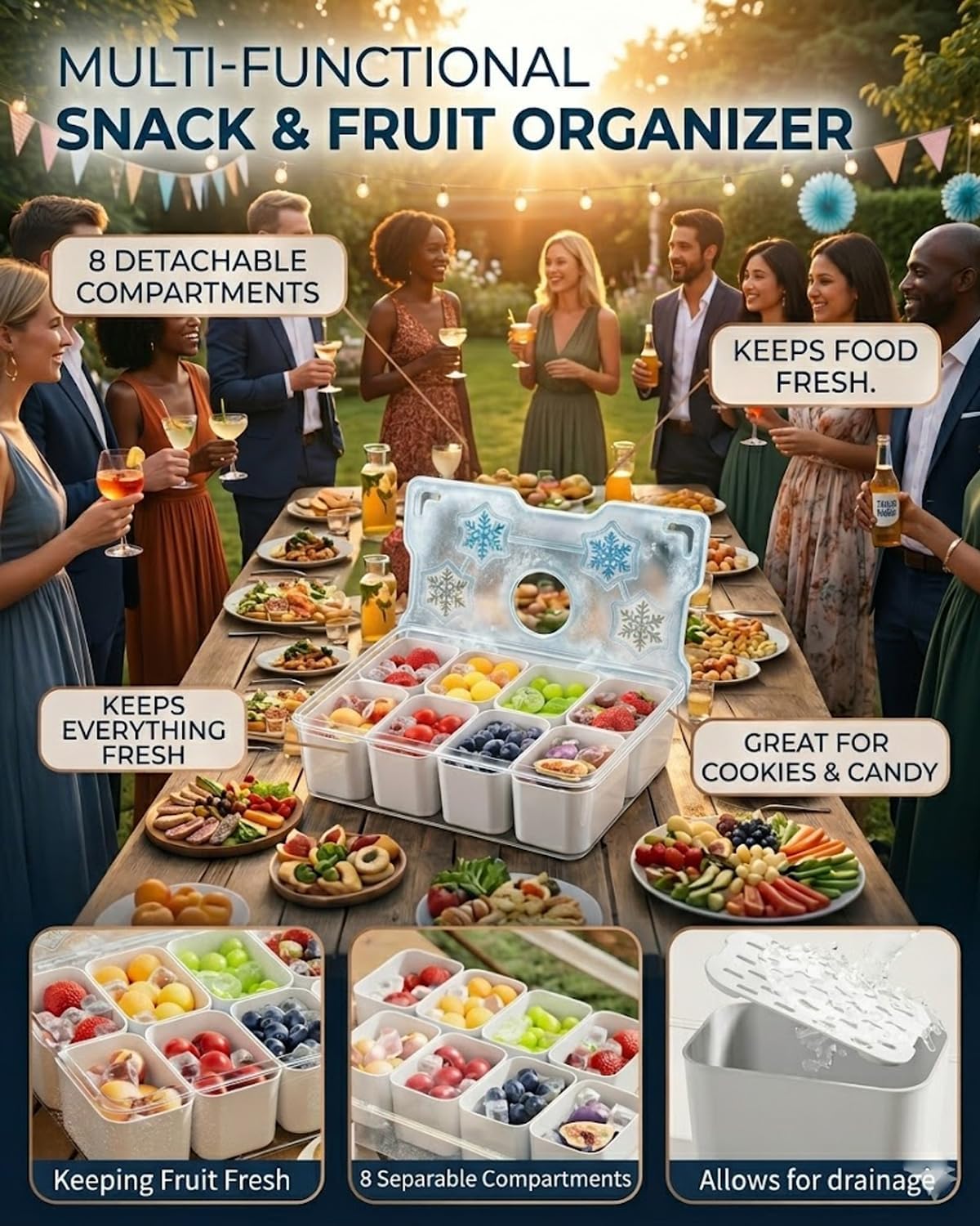 Fresh Food Storage Tray, Portable Snackle Box Container with Ice Pack & Date Tracking, 8 Compartment Chilled Serving Tray, Cooling Travel Snacklebox for Picnic, Beach, Road Trip & Party