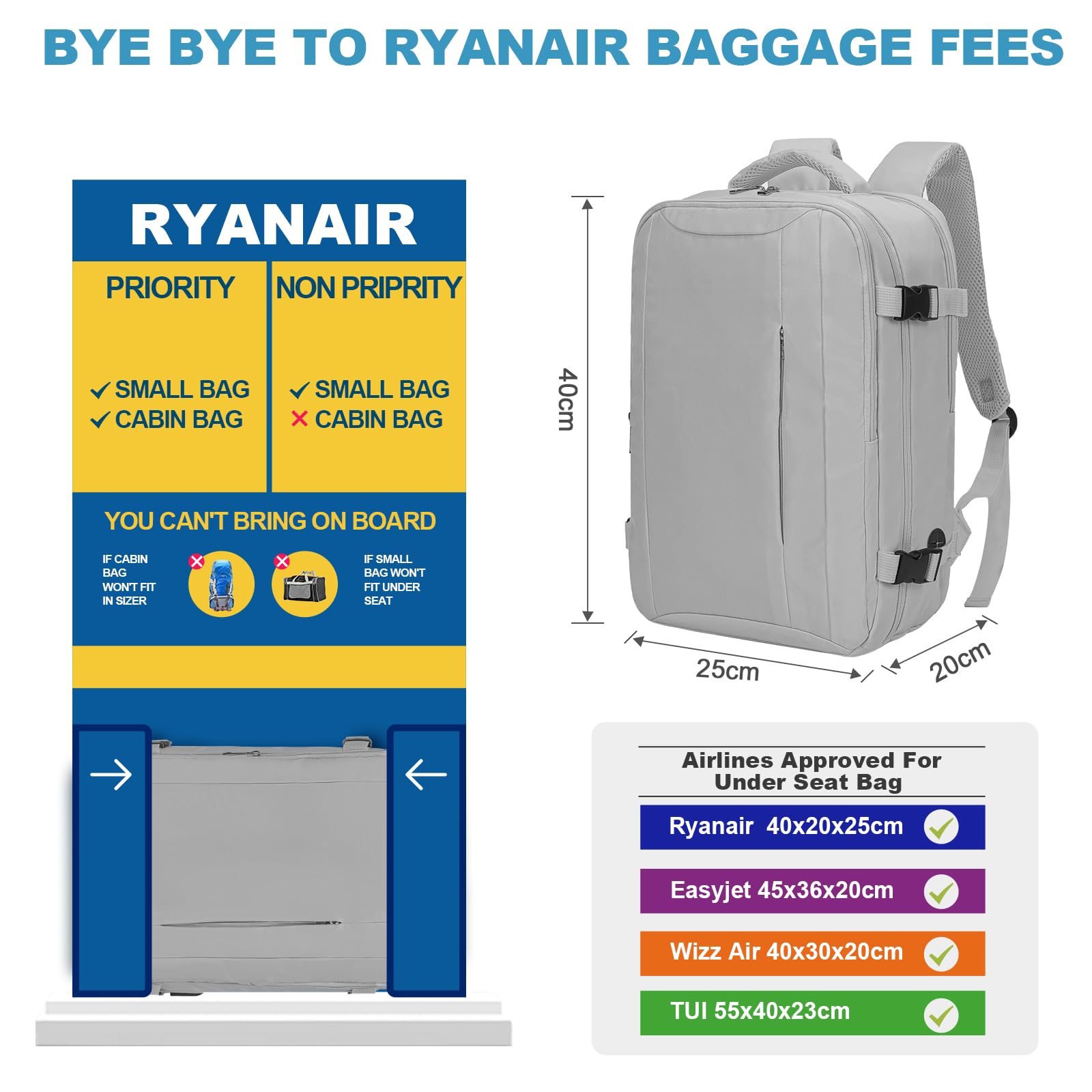 Zaino per Ryanair 40x20x25 Zaino da Viaggio Aereo Bagaglio a Mano Borsa da Cabina Borse Valigia Zaini Casual Unisex per Wizz Air EasyJet Laptop Daypack
