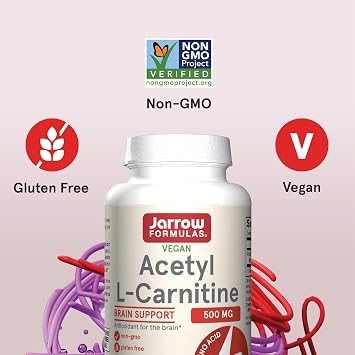 Jarrow Formulas Acetyl L-Carnitine Capsules - 500 mg - 60 Count - For Brain Health & Fatty Acid Metabolism - Vegetable Capsules - Non-GMO - Gluten Free