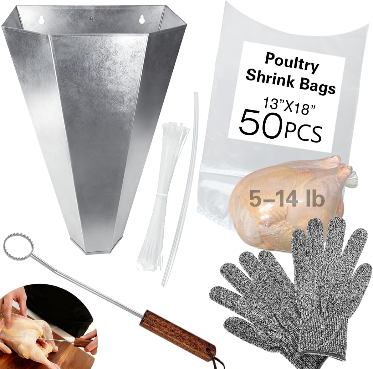 Poultry Processing Kits, Include Medium Size Chicken Cone, 50 Pack Poultry Shrink Bags, A Lung Scraper of Chicken Processing and A Pair of Gloves, Convenient for Chicken Processing