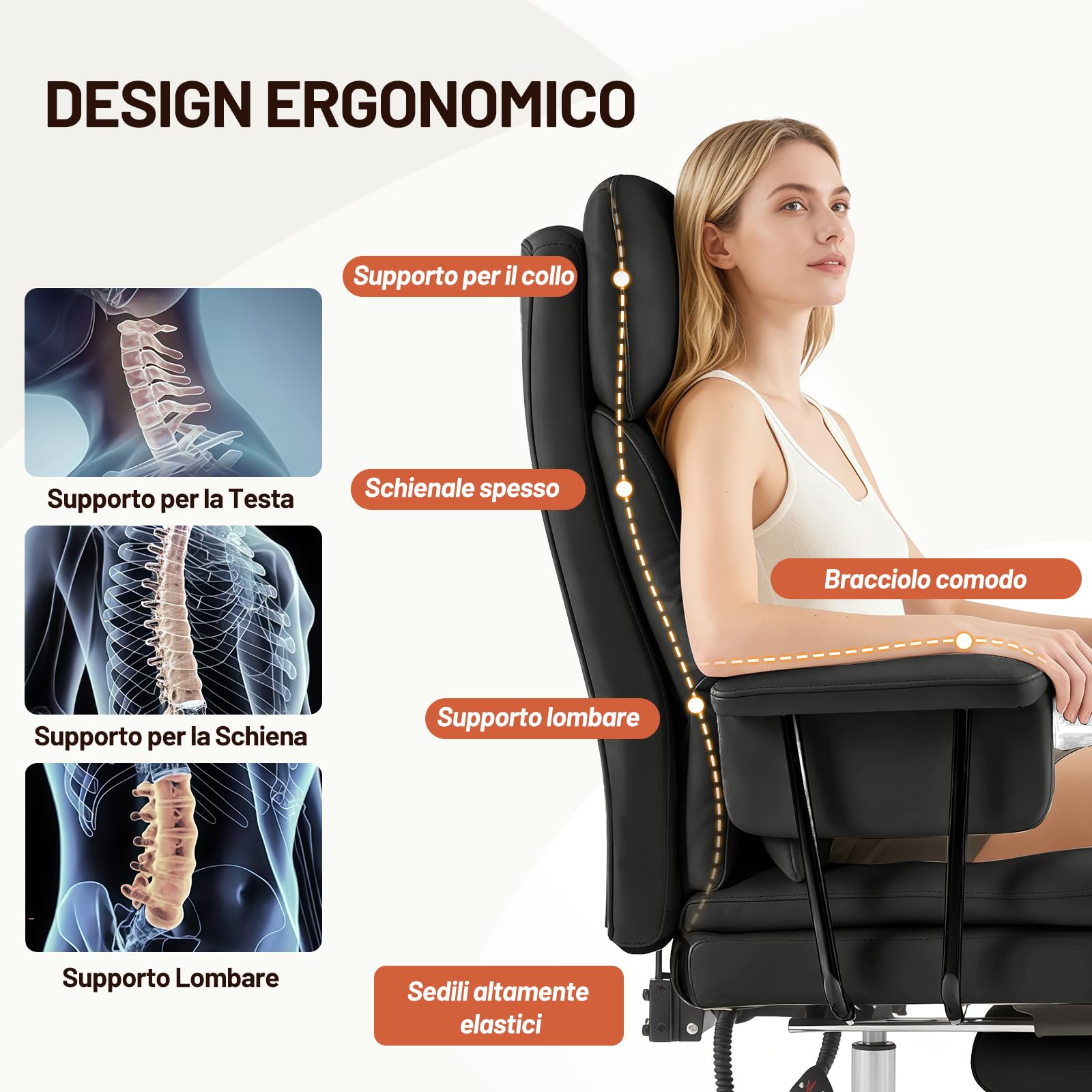 Sedia da Ufficio Direzionale con Poggiapiedi, Poltrona Ufficio Ergonomica Reclinabile in Pelle PU, Sedia da Computer con Cuscino Ispessito e Supporto Lombare 200kg, Nero