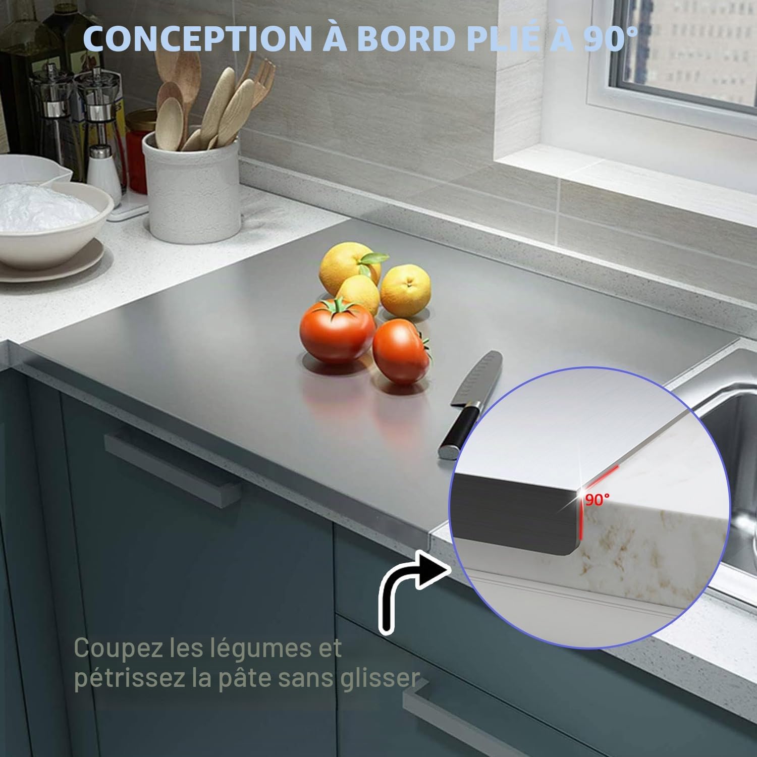 Planche à Découper Inox 40x60cm, Plan de Travail Cuisine Acier Inoxydable | Double Face avec Bord de Butée, Antidérapante, Antibactérienne pour Boulangerie, Restaurant Et